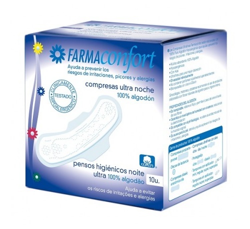 Compresas ultrafinas 100% algodon - farmaconfort (noche alas 10 u)